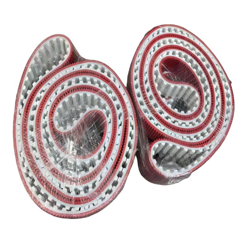50mm Width T20 PU Timing Belt with Red Rubber Coating 4320mm Pitch Length PU Timing Belt Red Rough Backing Abrasion Resistant PU Timing Belt T20 Red Texture Coating Non-slip PU Synchronous Belt 50-T20-4320 Red 5mm Coating High Friction PU Timing Belt for Conveyor Packaging Machine